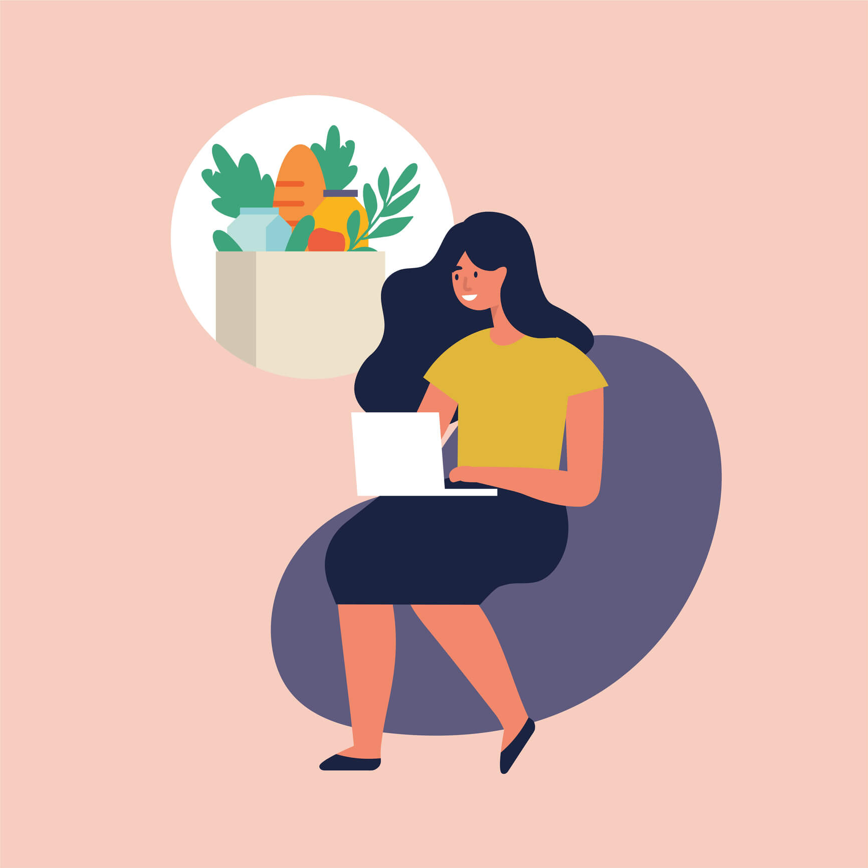 Vector illustration young woman is making grocery purchases online by phone, browsing devices. Delivery food.