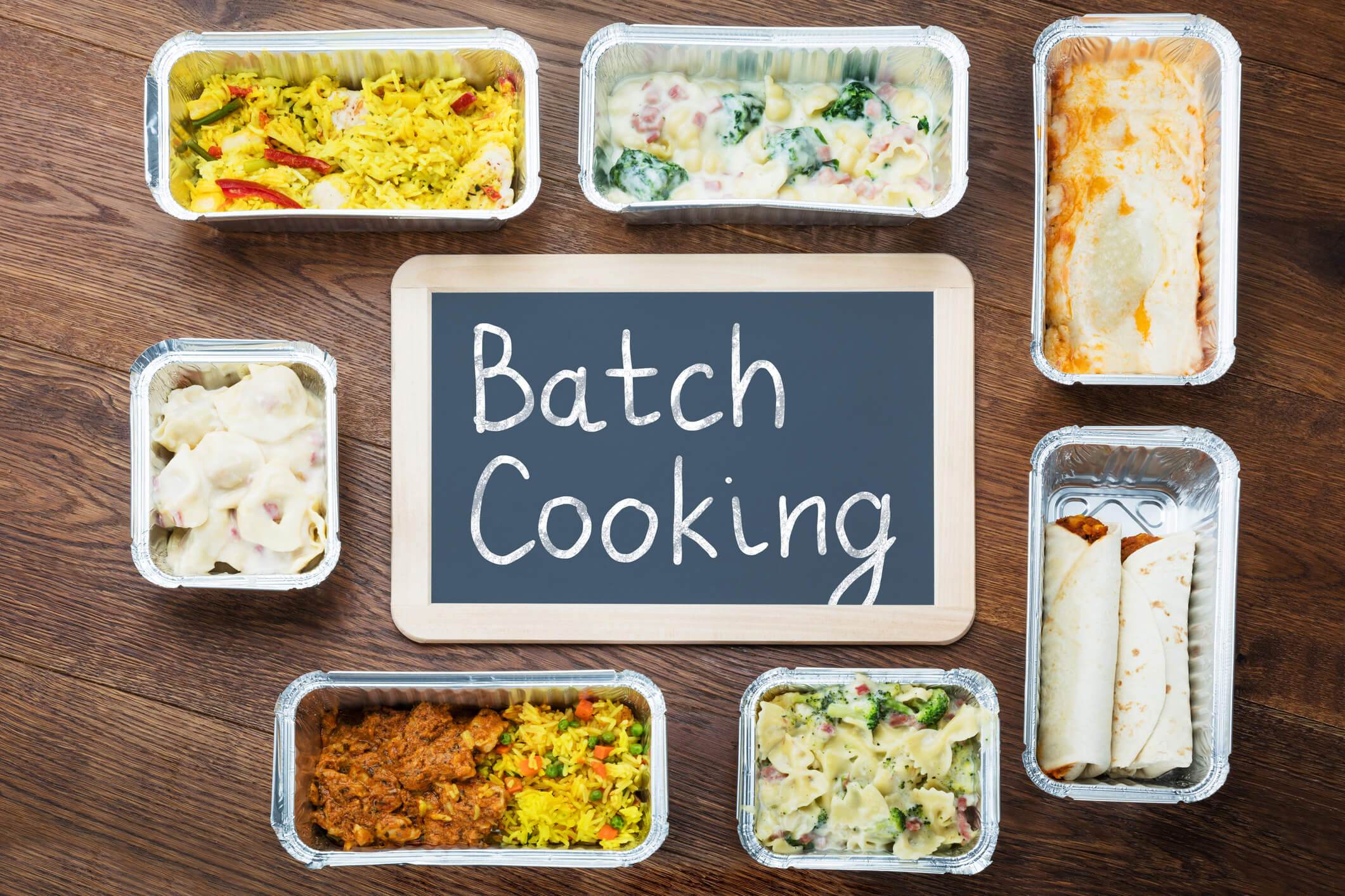 Batch Cooking Text Written On Slate With Take Away Dishes