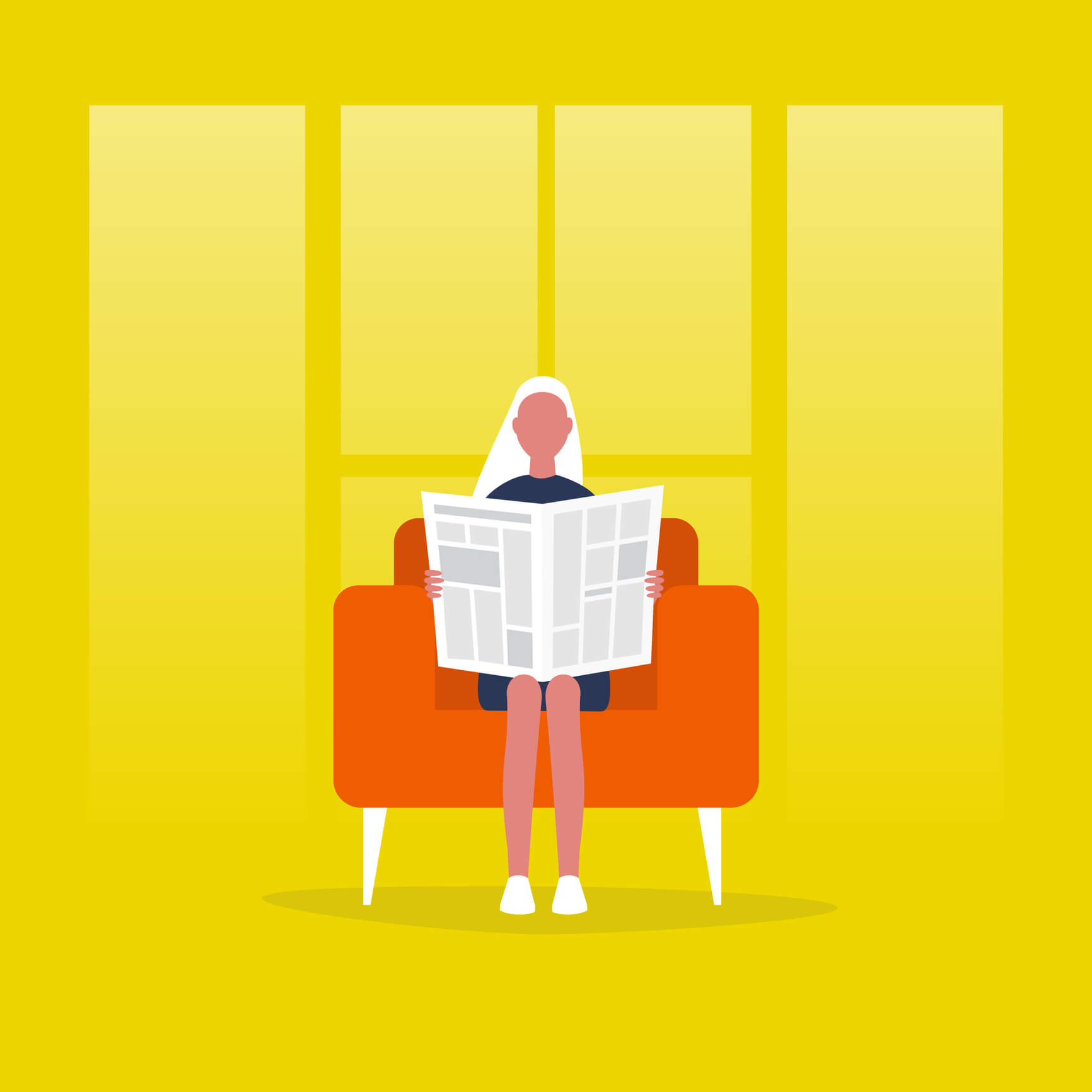 Young female character reading a newspaper. News. Digital vs analog. Lifestyle. Morning habits. Flat editable vector illustration, clip art