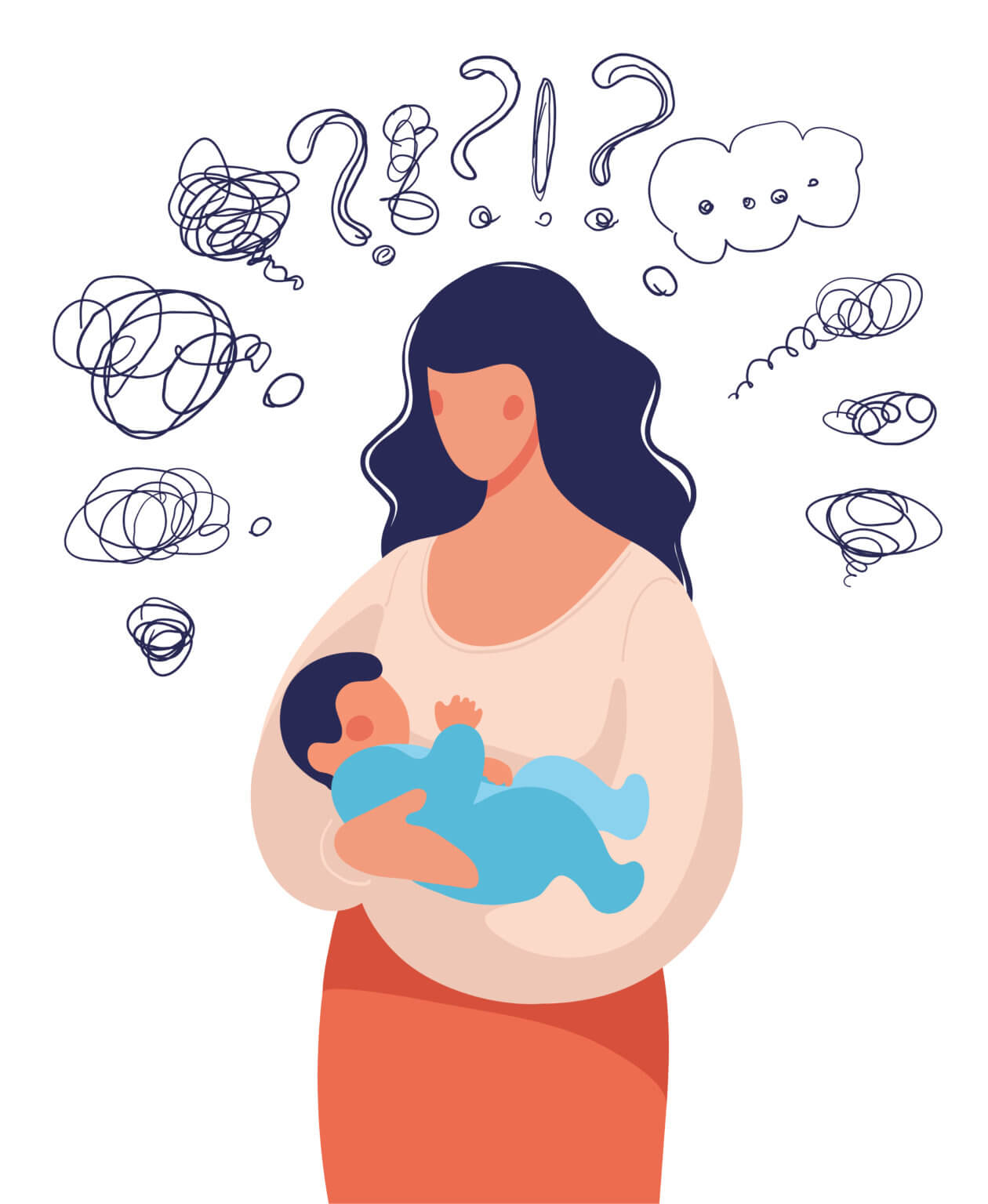 A woman with a child in her arms asks herself many questions. Conceptual illustration about postpartum depression, help for a young mother, family support. Flat cartoon illustration isolated on white background.