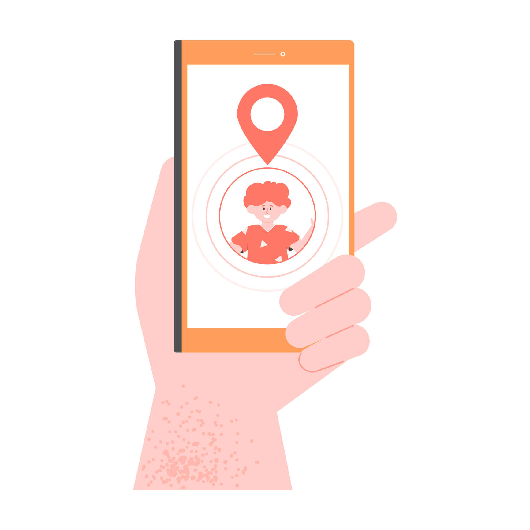 Hand holds phone with kid boy geolocation. Parental location control. Child safety. Vector flat illustration.