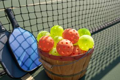 Pickleball paddles and ball in shadow of net with basket