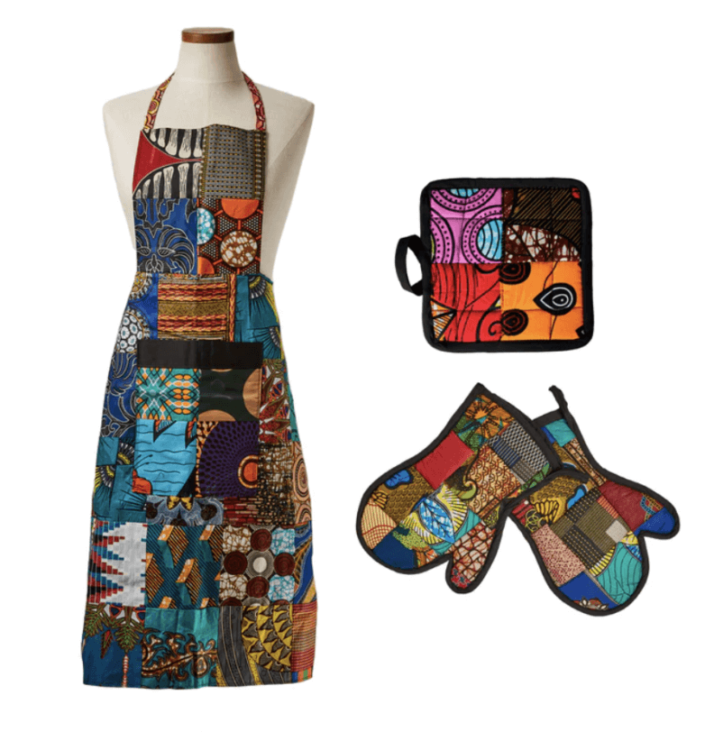 Apron, Oven Mitts & Pot Holder Kitenge Patch Set from Luangisa African Gallery.