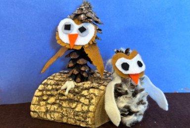 Holiday Crafting from Nature 2022 – pine cone owls – 640 x 433